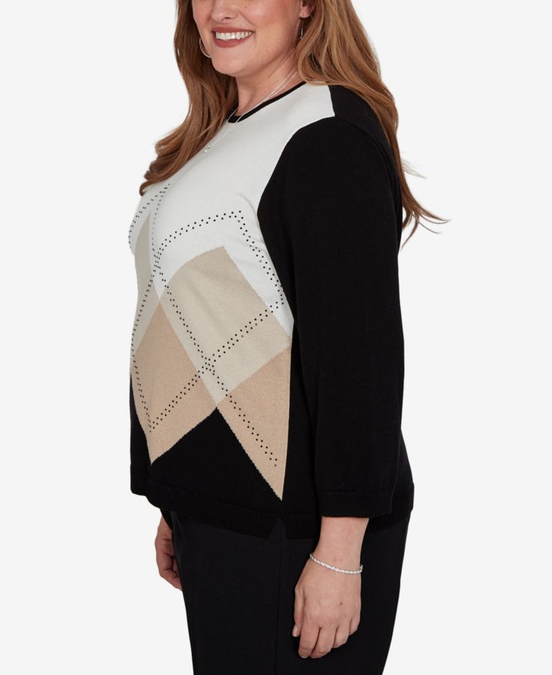 Plus Size Argyle Beaded 3/4-Sleeve Cotton-Blend Sweater