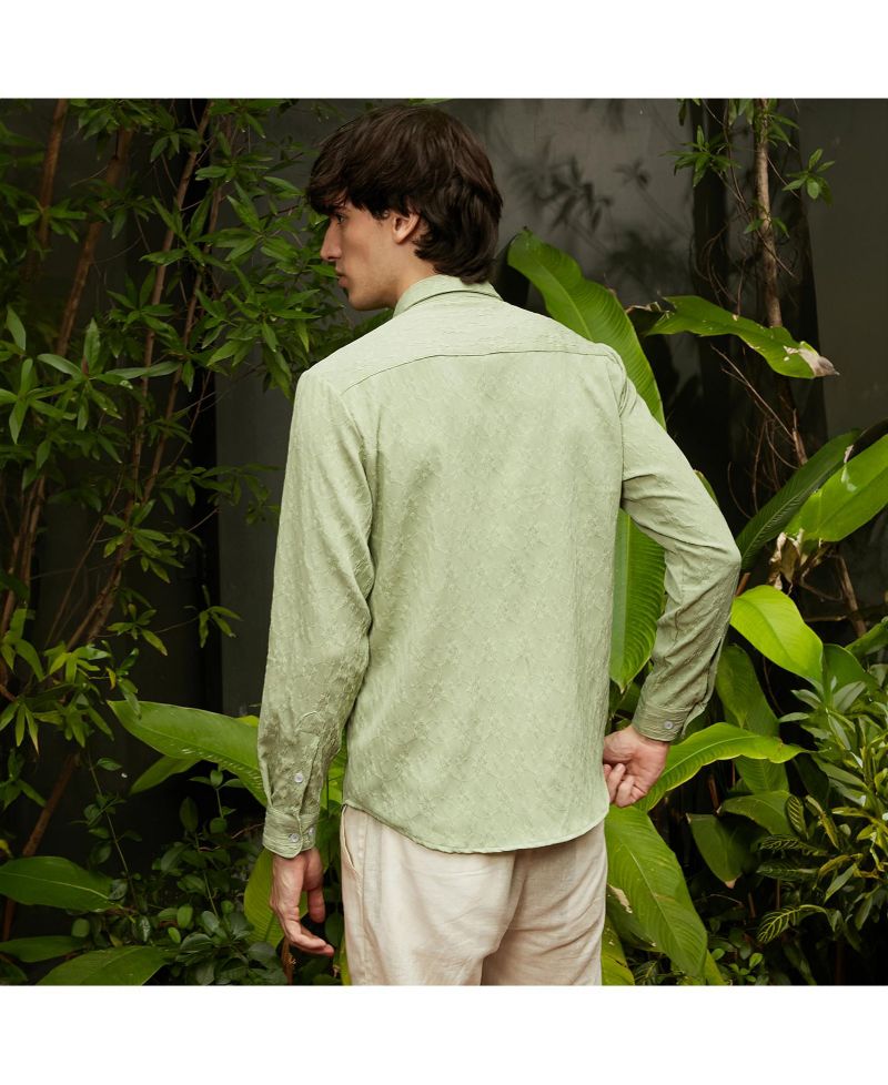 Men's Avocado Green Floral-Textured Shirt
