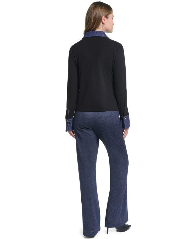 Women's Denim Collar and Cuffs Knit Button-Up Top