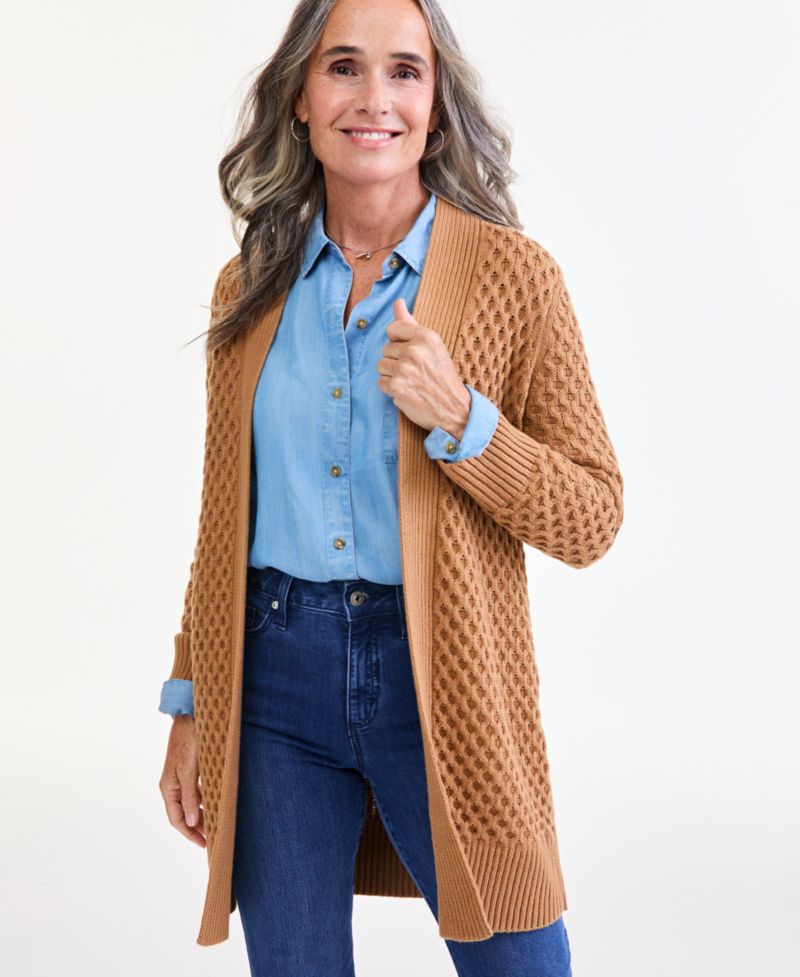 Petite Honeycomb-Knit Open-Front Long Cardigan