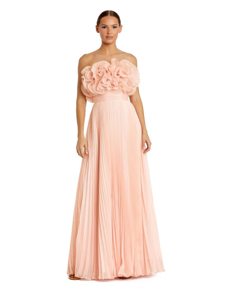 Women's Pleated Chiffon Strapless Gown With Ruffles