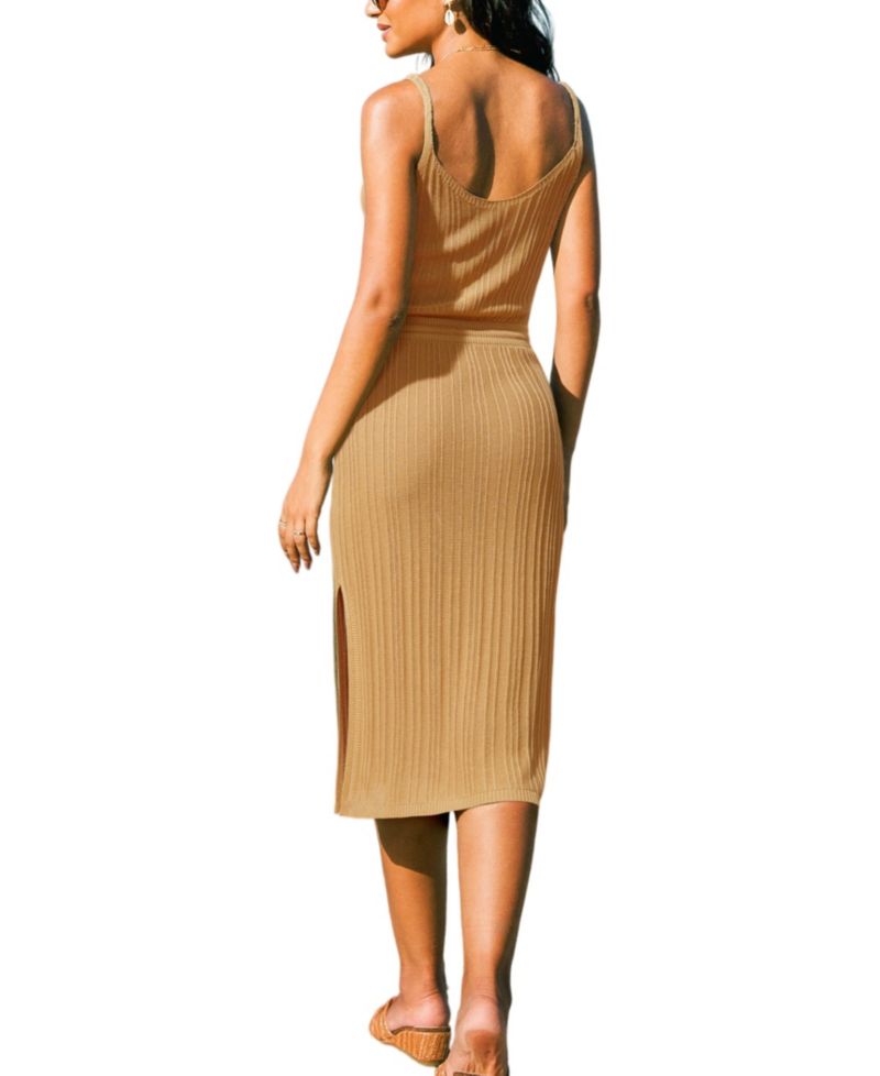 Women's Caramel Ribbed Knit Drawstring Waist Midi Dress