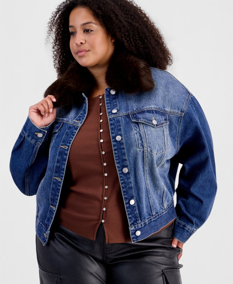 Plus Size Removable Faux-Fur Collar Denim Cropped Jacket