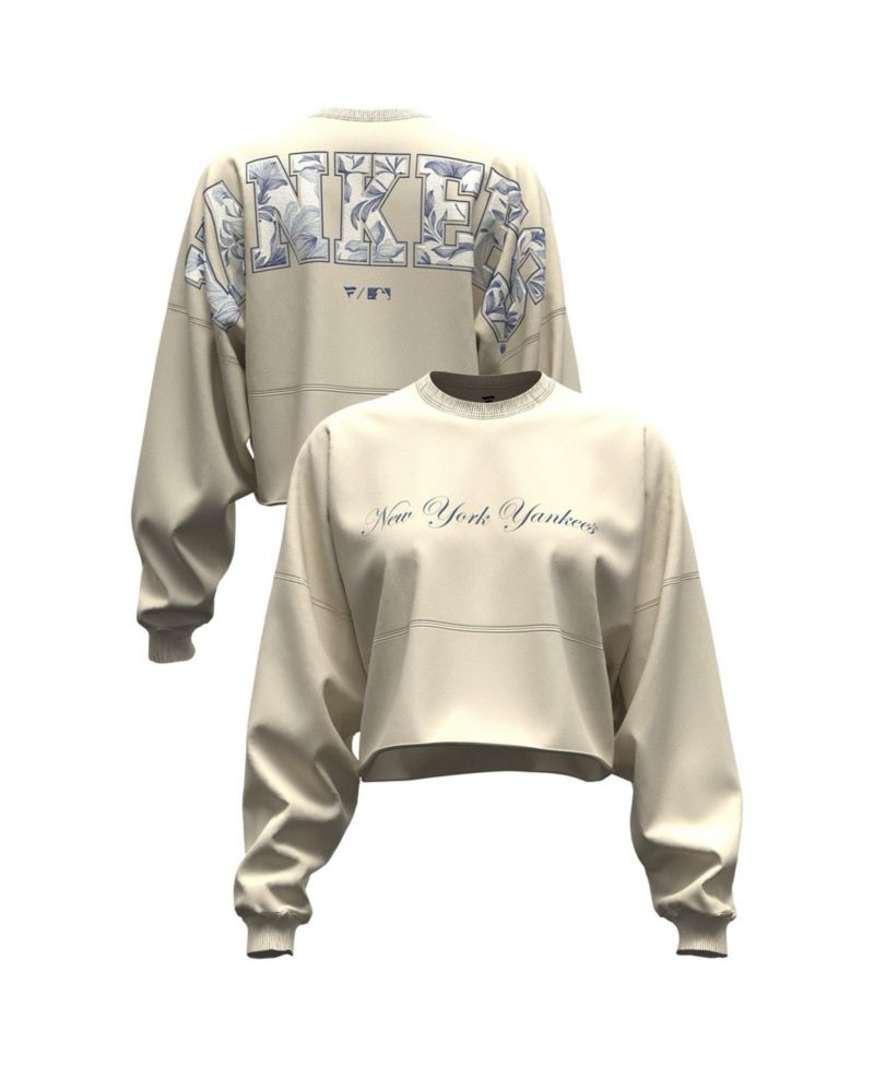 Women's Light Beige New York Yankees Spirit Floral Script Cropped Long-Sleeve T-Shirt