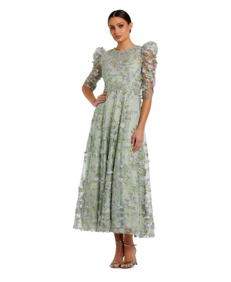 Women's Applique High Neck Puff Sleeve A Line Dress
