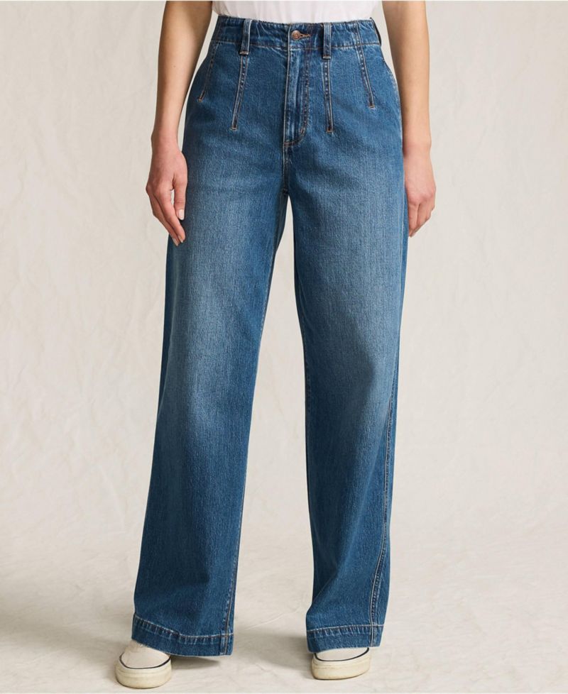 Women's Soft Denim High Rise Wide Leg Top Stitch Trousers