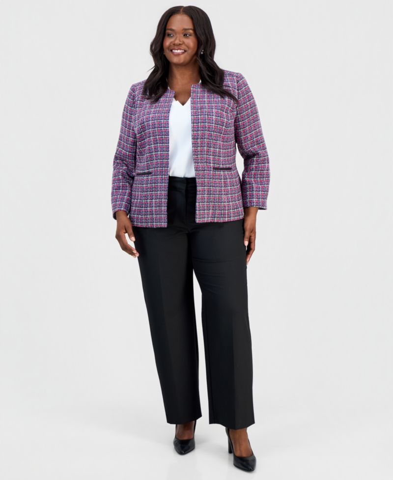 Plus Size Tweed Open-Front Long-Sleeve Jacket