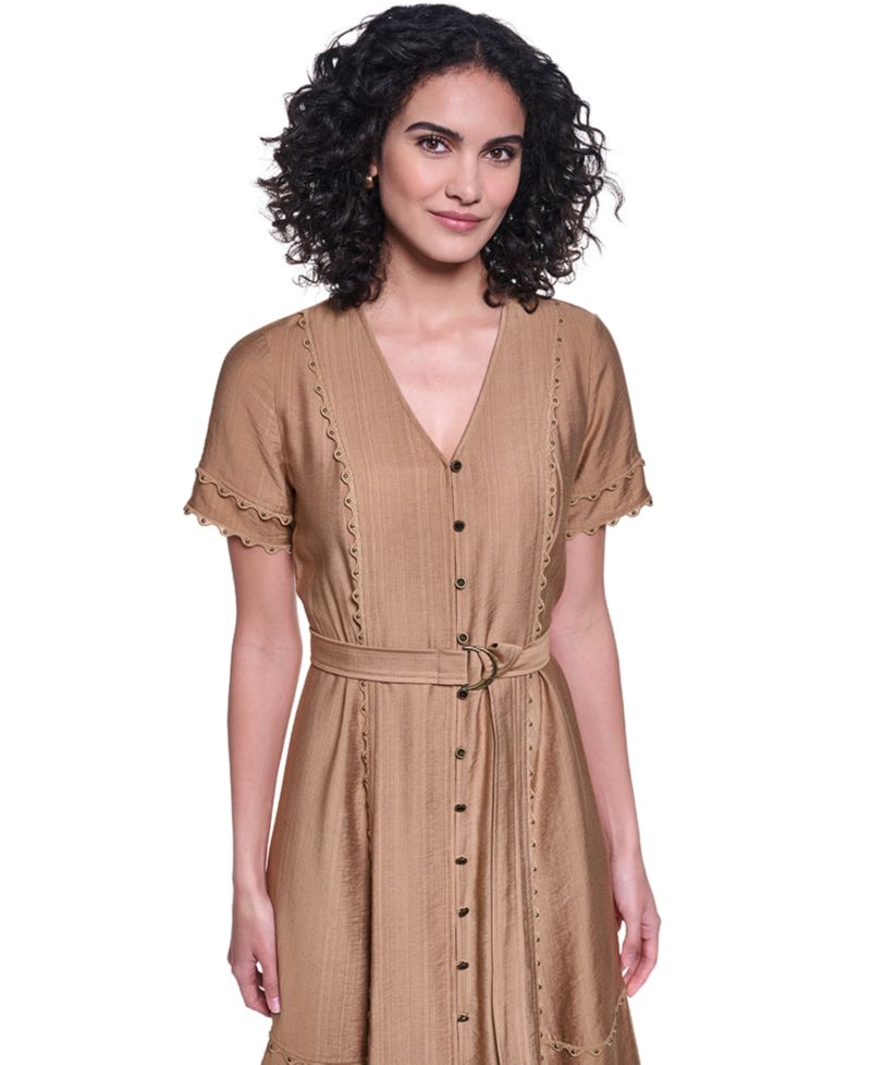 Women's Belted Nailhead Trim V-Neck Dress