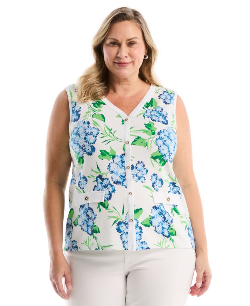 Plus Size Pom Floral Print Button-Front Sleeveless Tank Top