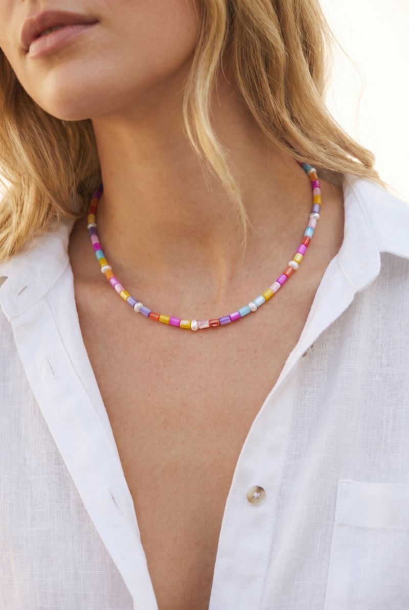 Rainbow Beaded Necklace with Freshwater Pearls and Stainless Steel Findings