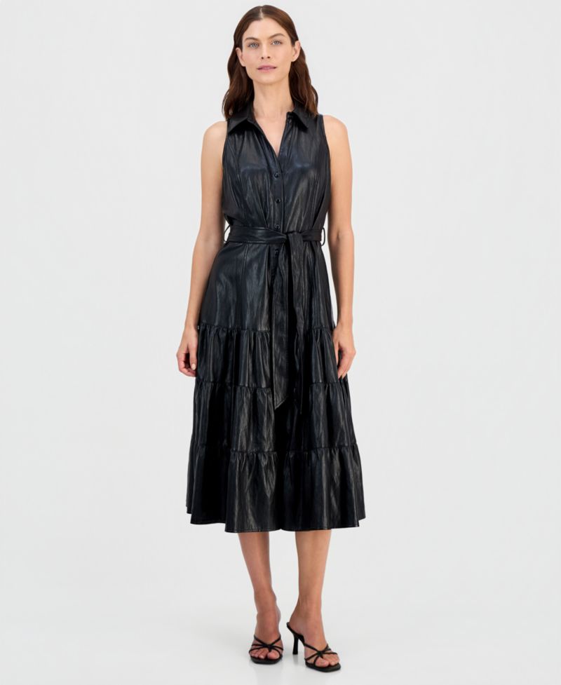 Women's Faux-Leather Tie-Waist Tiered Maxi Dress