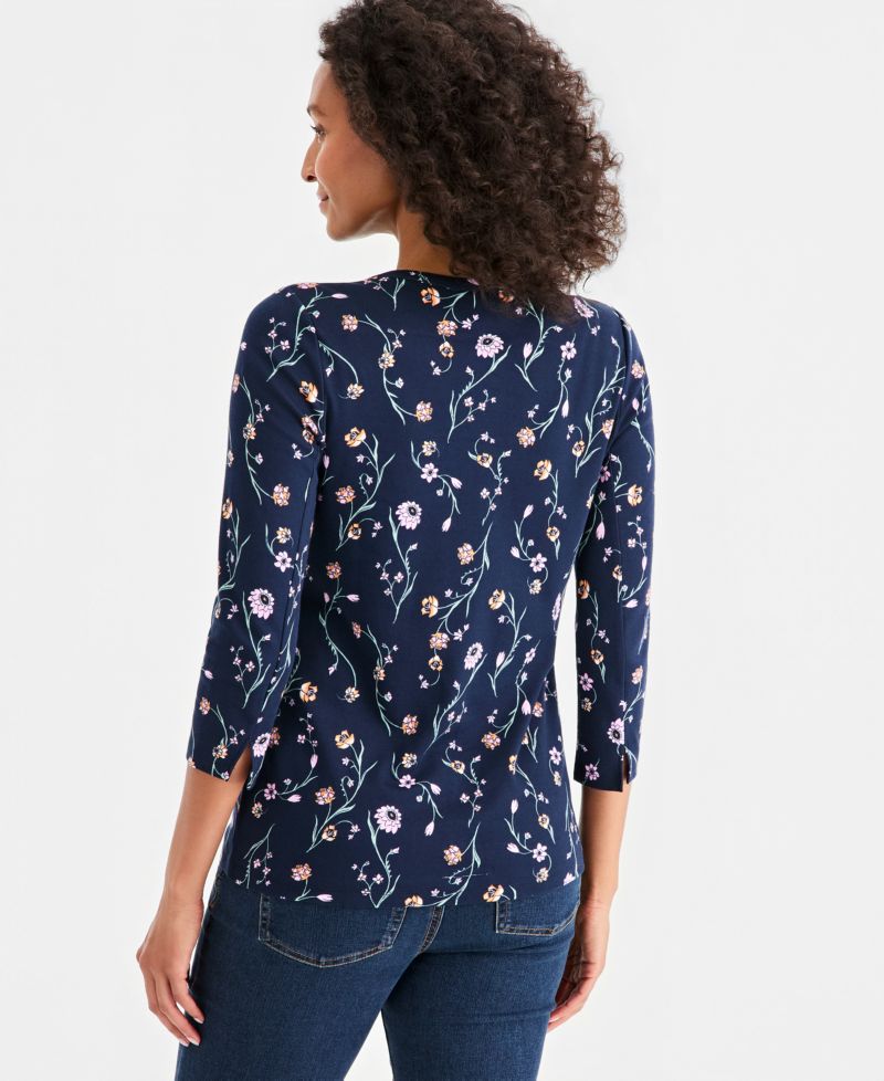 Women's Printed Pima Cotton 3/4 Sleeve Boat-Neck Top