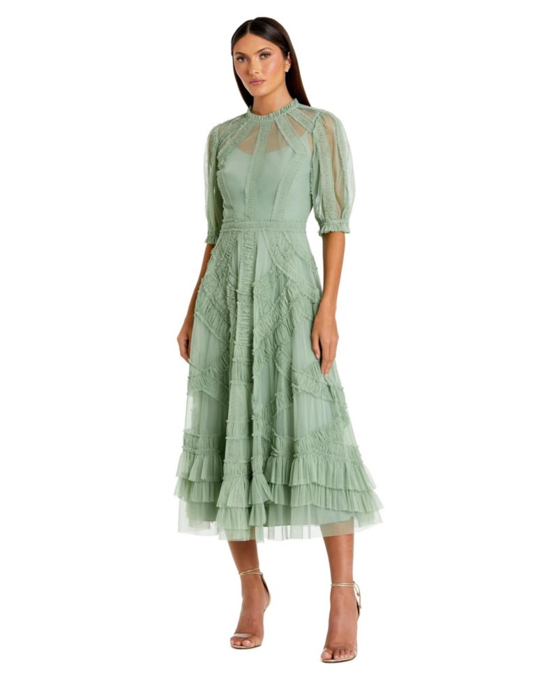 Petite High Neck Puff Sleeve Ruffle Tiered Dress