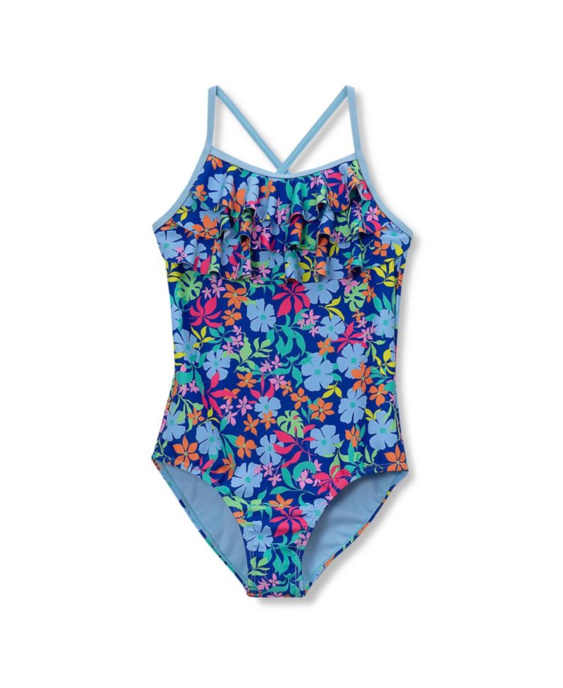 Girls Child Chlorine Resistant X-Back Ruffle One Piece Swimsuit