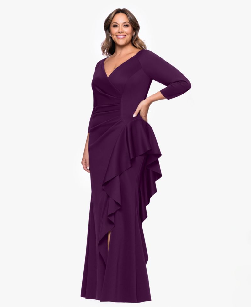 Plus V-Neck Ruffled Side-Slit Scuba Gown