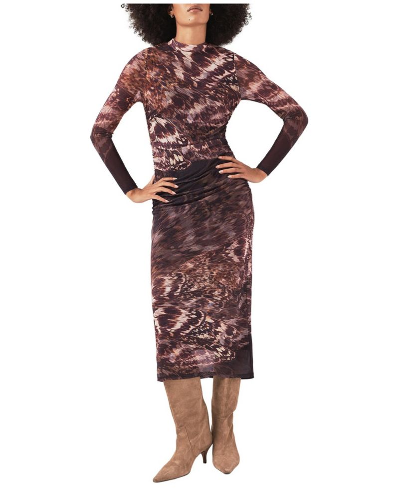 Women's Abstract-Print Long-Sleeve A-Line Midi Dress
