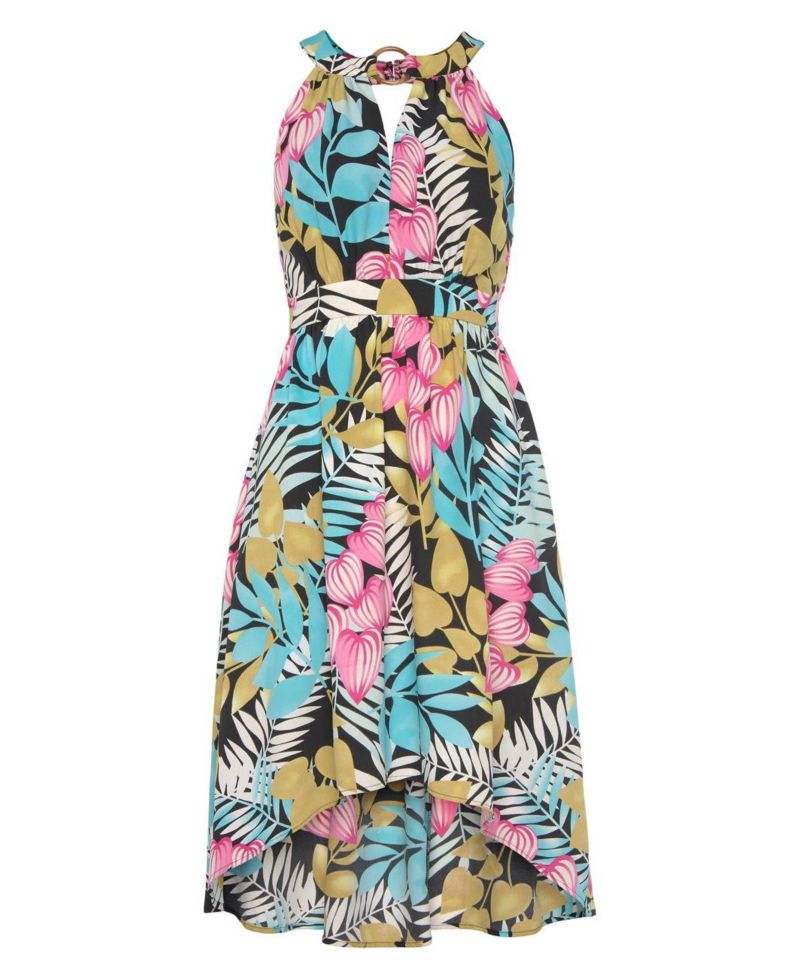 Women's Tropical Print High-Low Cutout A-Line Halter-Neck Midi Dress