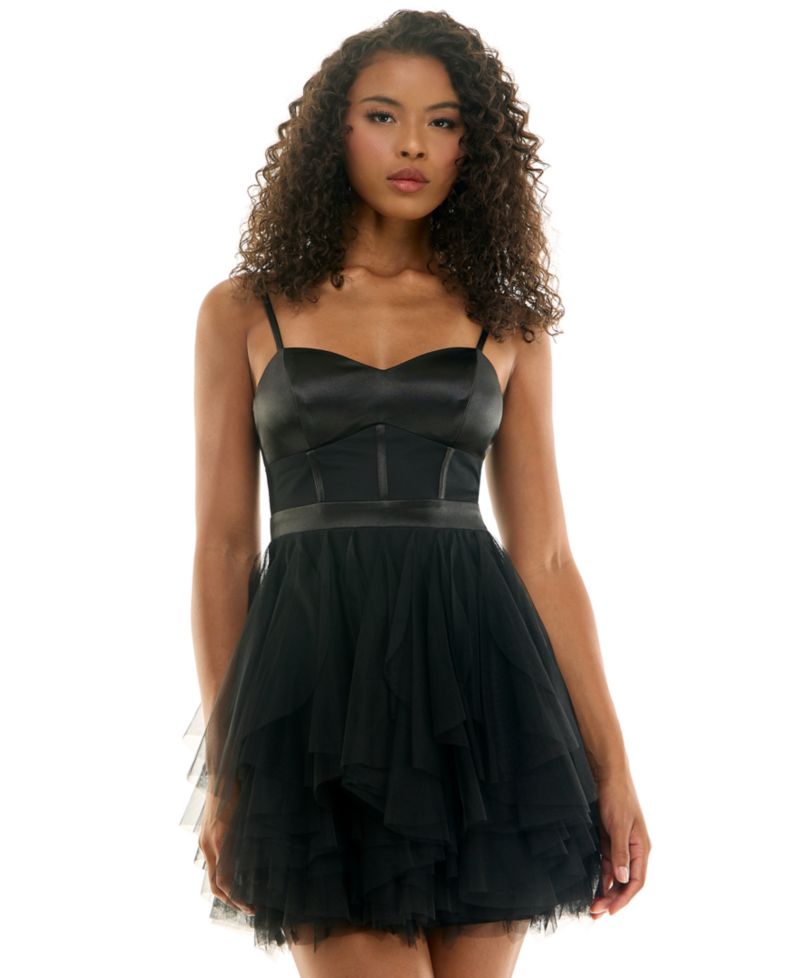 Juniors' Satin and Chiffon Corset Fit & Flare Dress