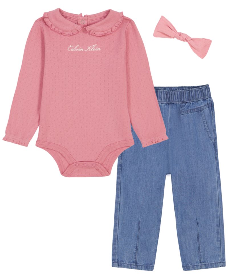Baby Girls' Long-Sleeve Bodysuit, Pants and Bow Headband, 3-Piece Set