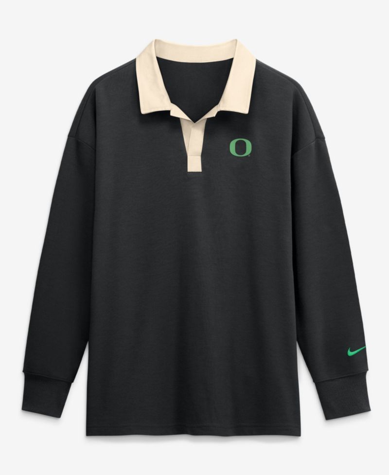 Women's Black Oregon Ducks Oversized Essential Dri-FIT Long Sleeve V-Neck Polo