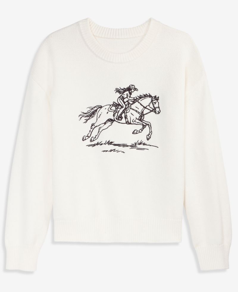 Women's Crewneck Embroidered Horse Long-Sleeve Sweater
