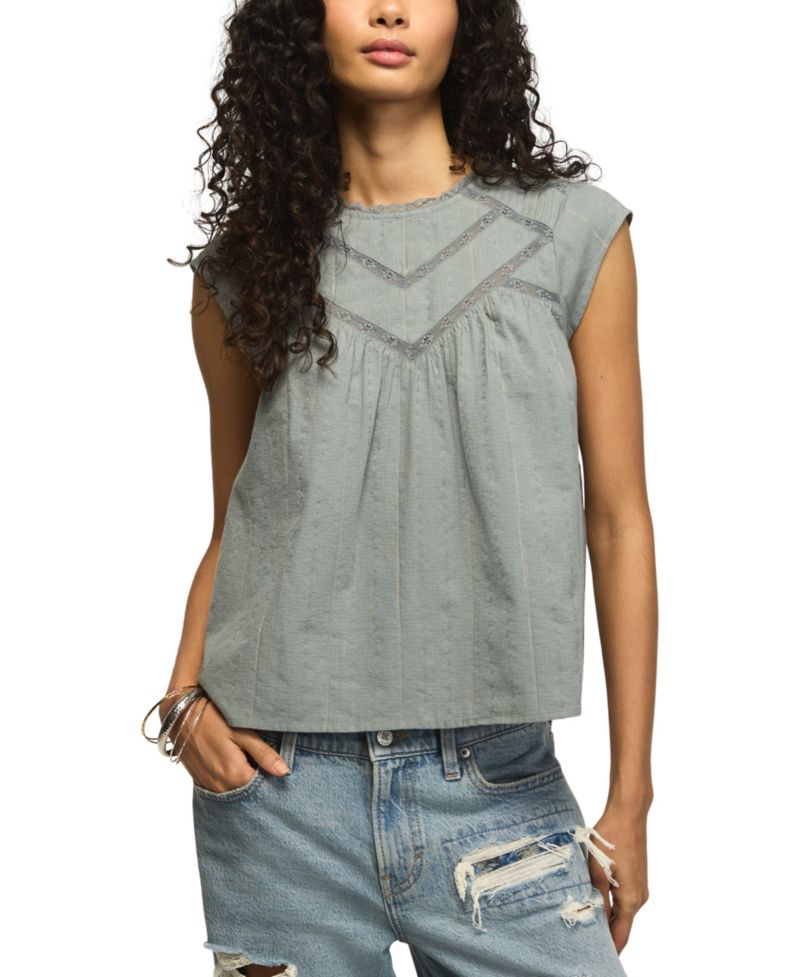 Women's Crewneck Lace Yoke Flutter Top