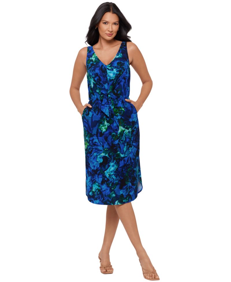 Women's Printed V-Neck Midi Shaping Dress
