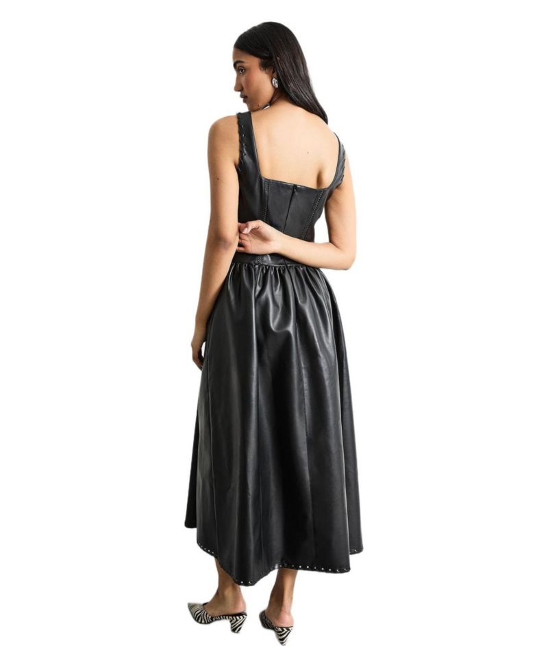 Women's Faux Leather Whipstitch Trim Midi Dress
