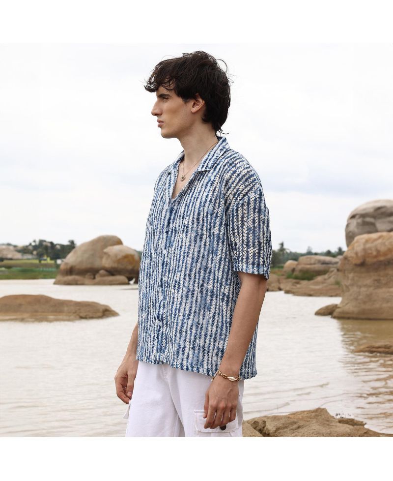 Men's Navy Blue & Ivory White Ombre-Striped Oversized Shirt