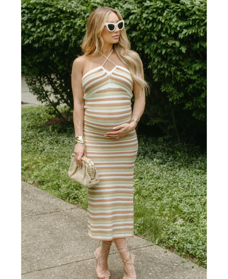 Women's Light Olive Striped Halter Crochet Knit Midi Dress