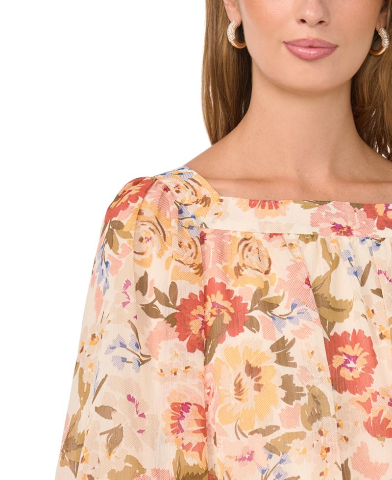 Women's Square-Neck 3/4-Sleeve Floral Blouse