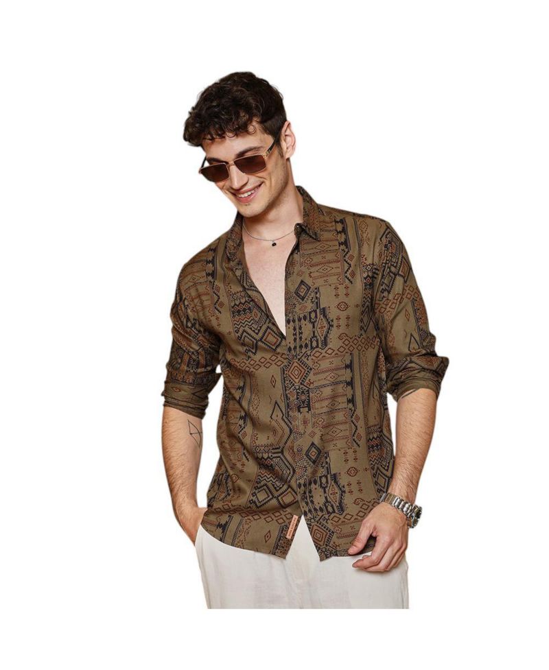 Men's Peanut Brown Aztec-Imprint Shirt