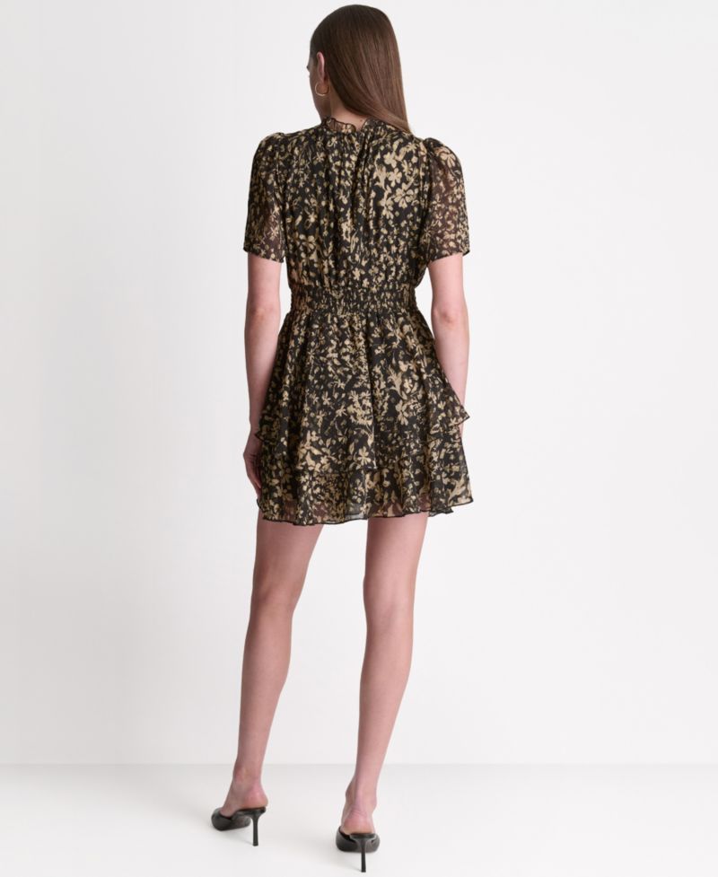 Women's Printed Puff Short-Sleeve Mock-Neck Dress