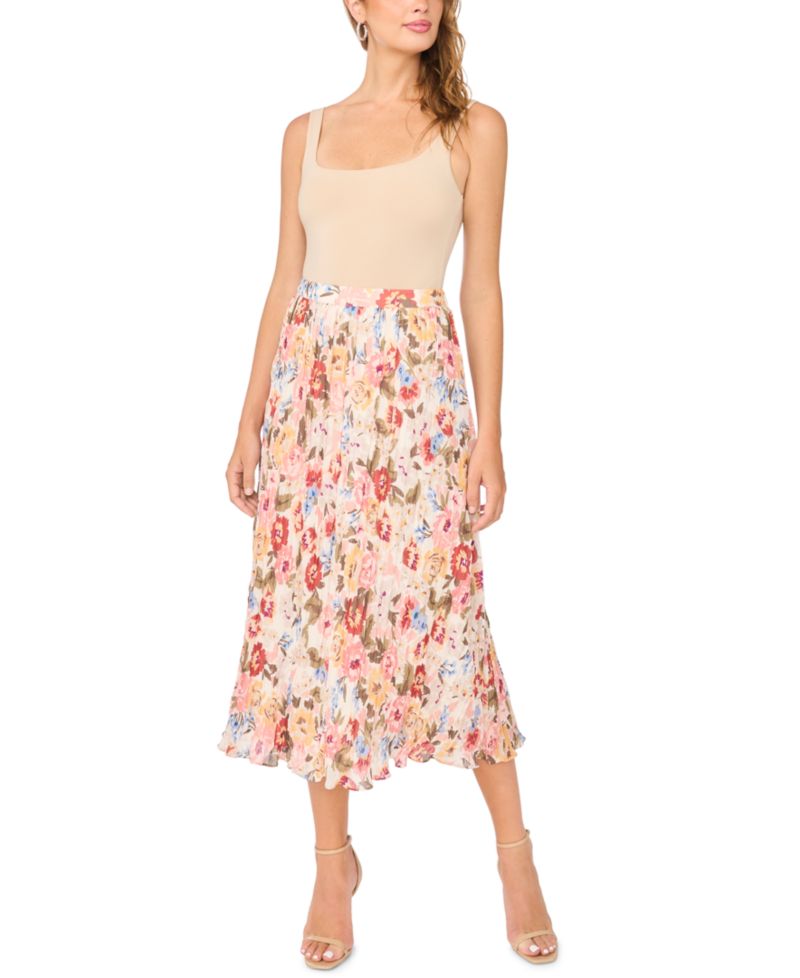 Women's Circular Floral Pleated A-Line Midi Skirt