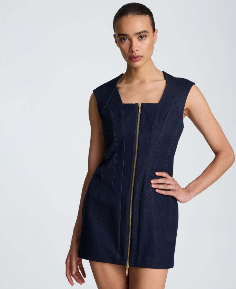 Women's Square Neck Zipper Front Mini Dress