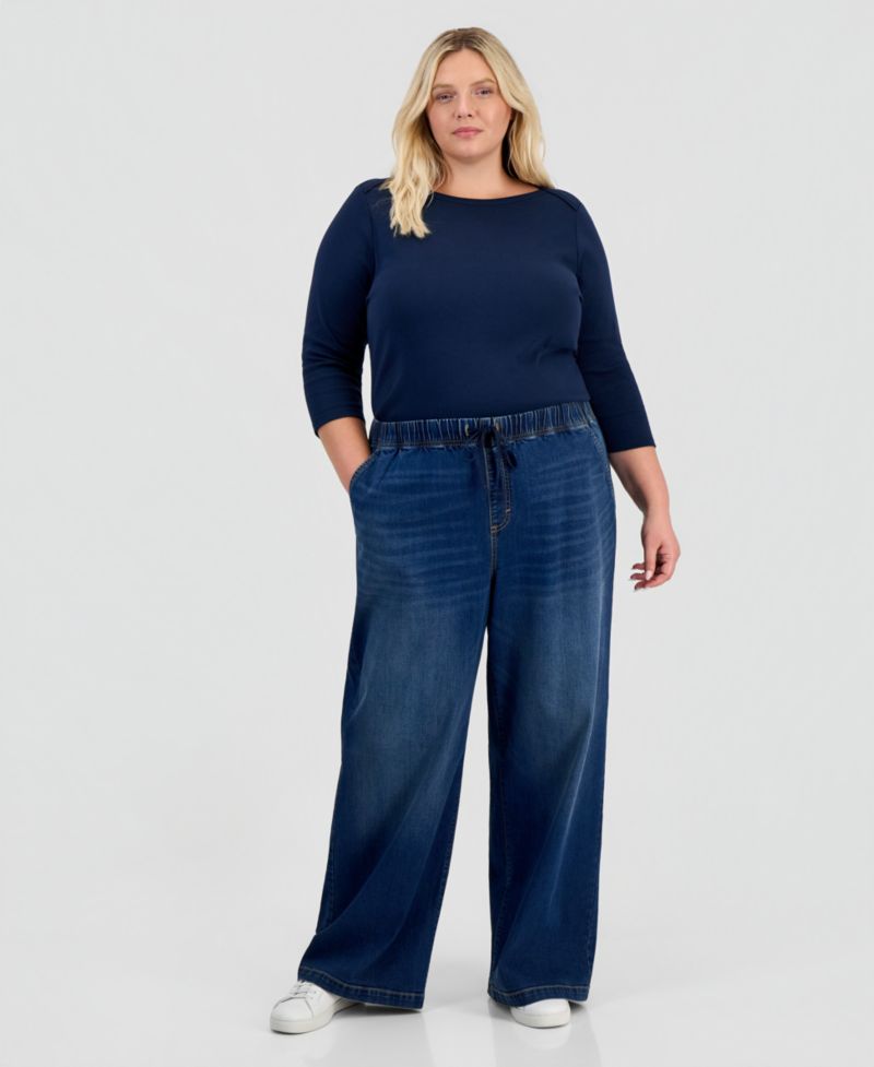 Plus Size High-Rise Pull-On Wide-Leg Jeans