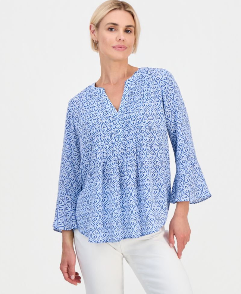 Petite Printed Pintuck Bell-Sleeve Top