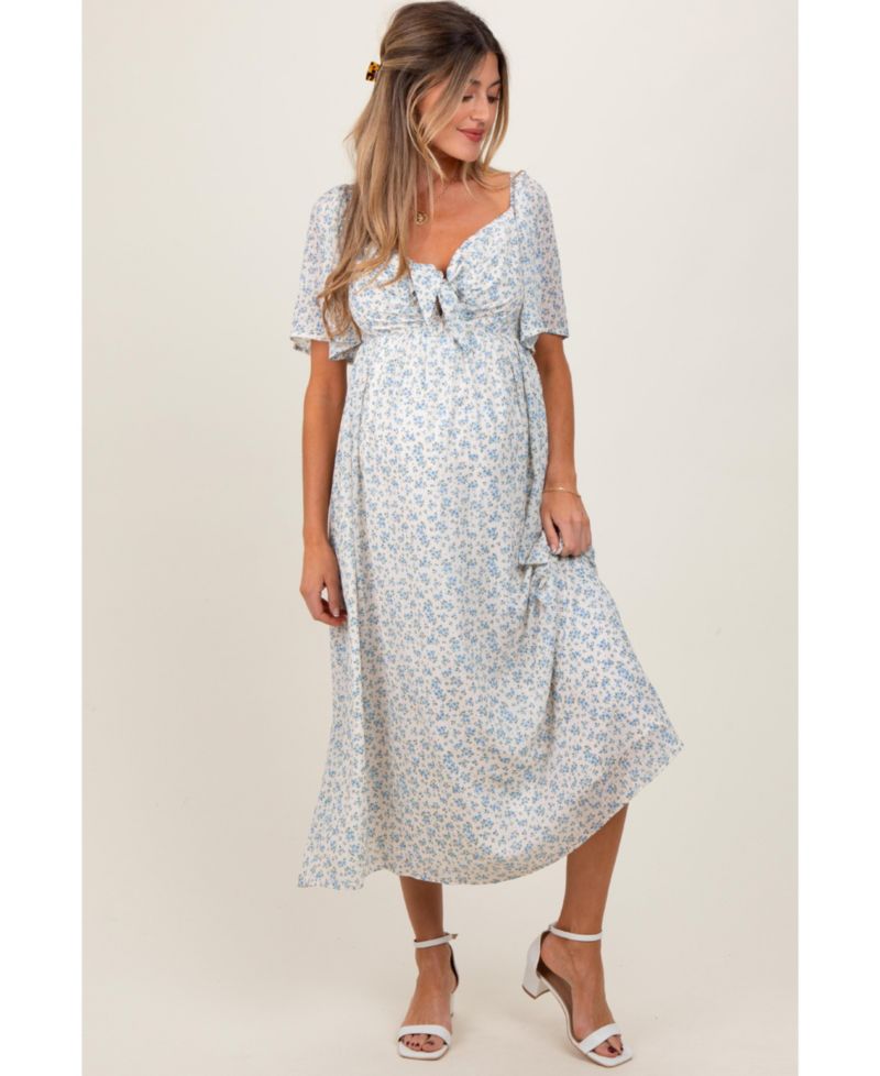 Women's Blue Floral Front Tie Midi Dress