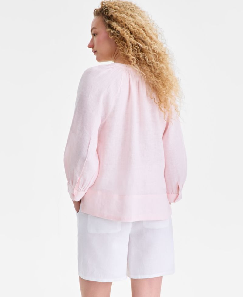 Women's 100% Linen Split-Neck 3/4-Sleeve Blouse