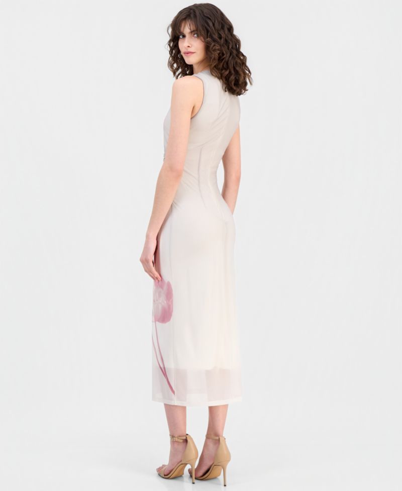 Women's Mesh Floral-Print Ruched-Waist Midi Dress