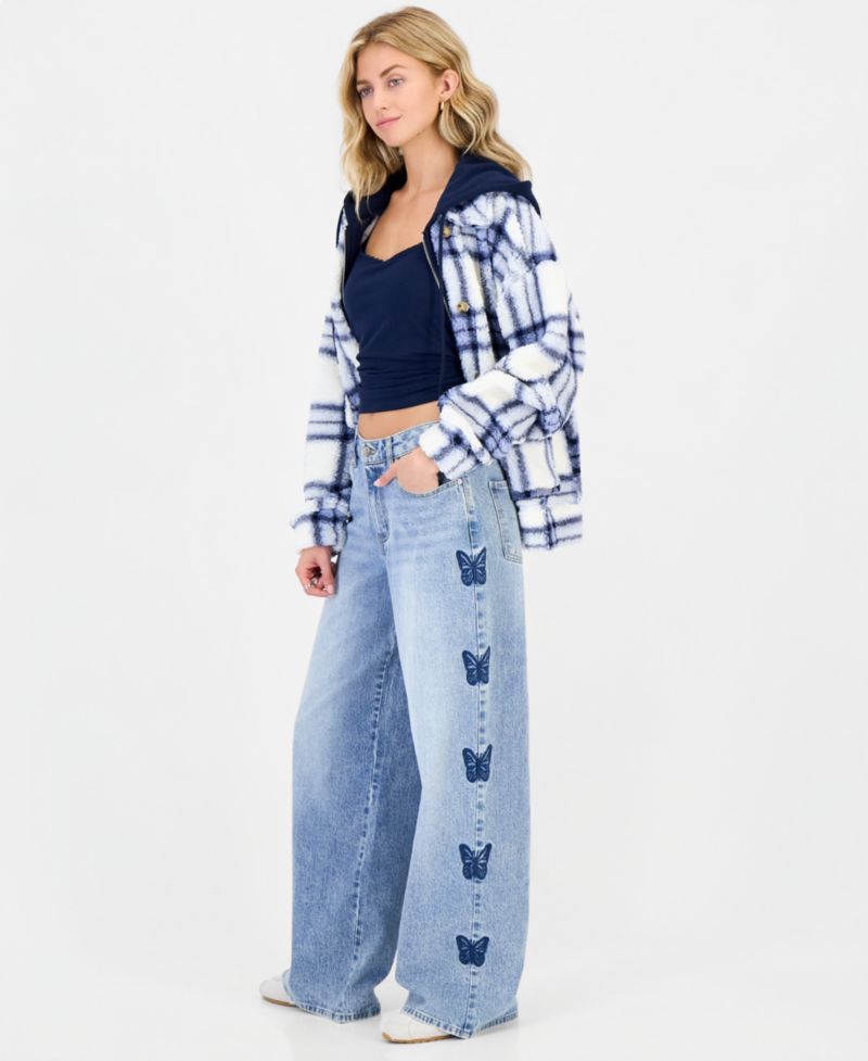 Juniors' 90s Skater High-Rise Wide-Leg Butterfly Embroidery Jeans
