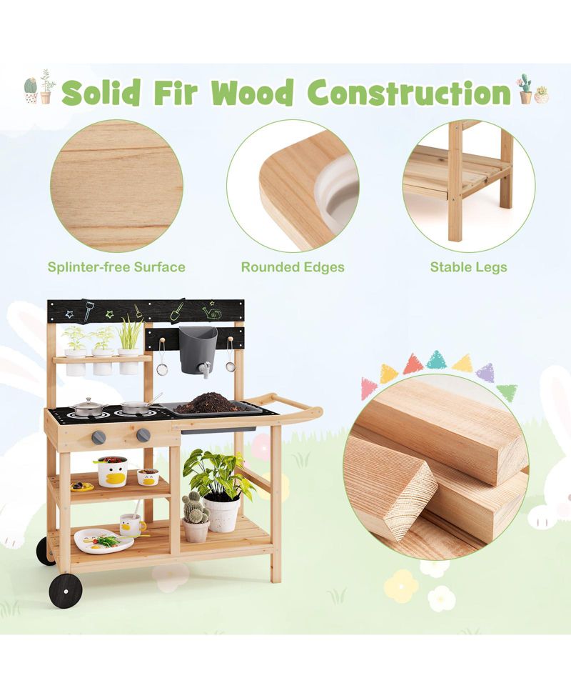 Mud Kitchen Fir Wood with Wheels Outdoor Play Kitchen with Planting Pots