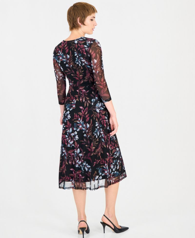 Women's Floral Mesh-Overlay Midi Wrap Dress