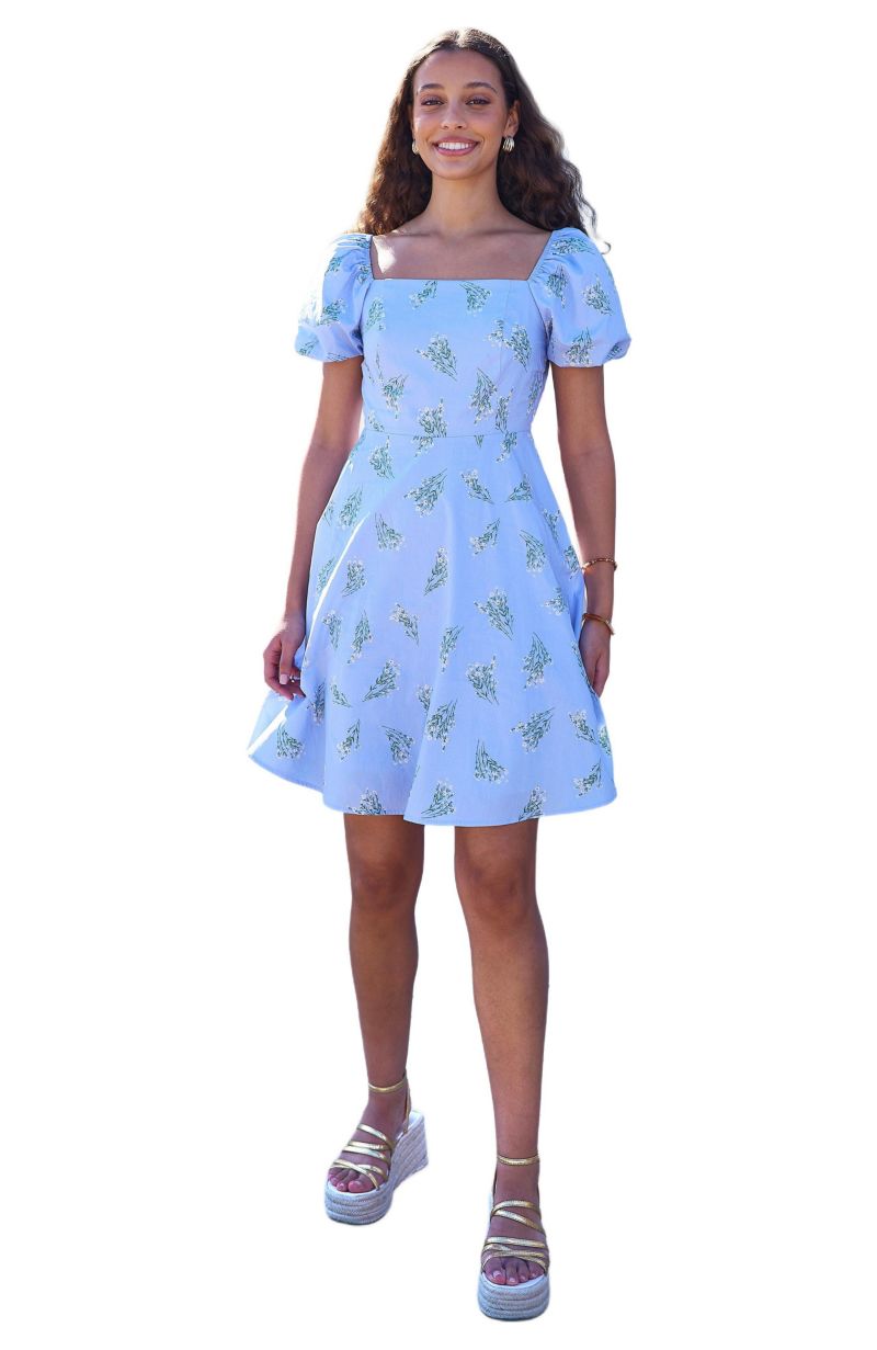 Women's Cotton Floral Puff Sleeve Skater Dress