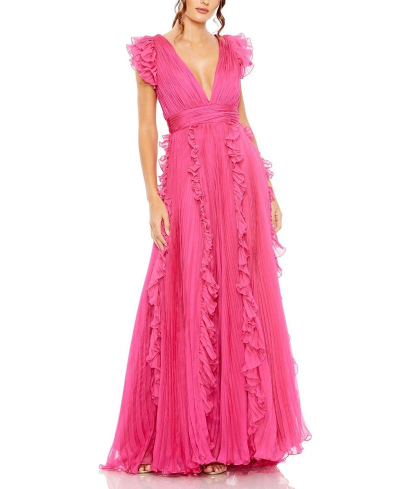 Women's Pleated Ruffle Cap Sleeve Flowy A Line Gown