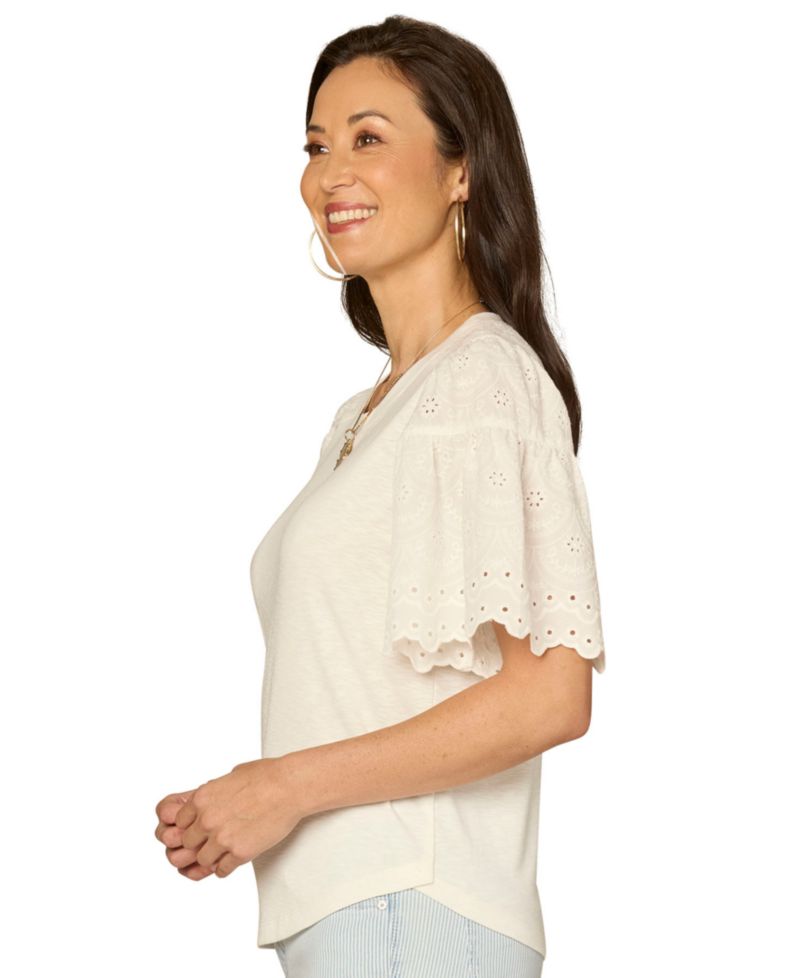 Petite Puff-Sleeve Crewneck Shirttail Hem Knit Top