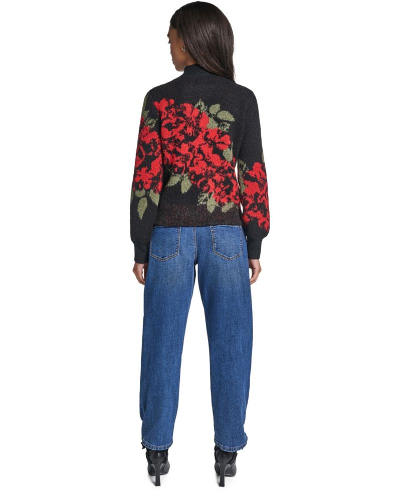 Petite Rose Floral-Print Mock Neck Sweater