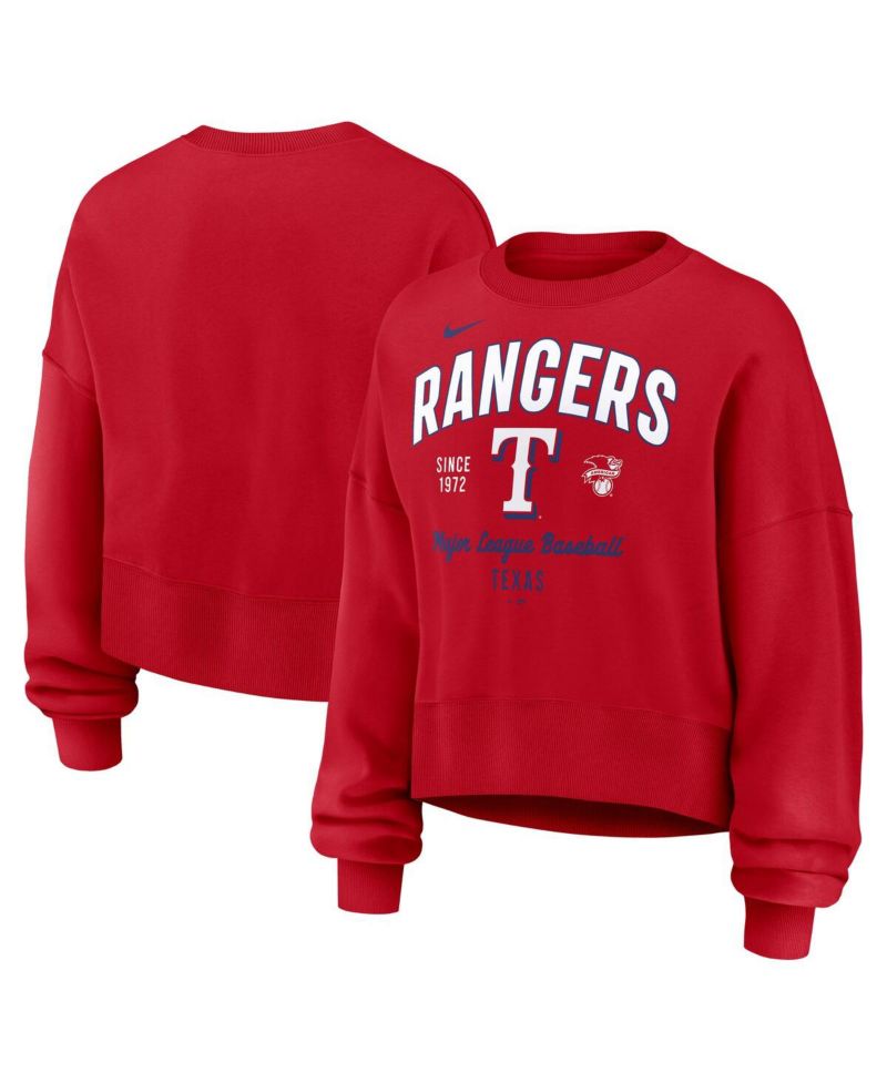 Women's Red Texas Rangers Oversized Long Sleeve Cropped Pullover Sweatshirt
