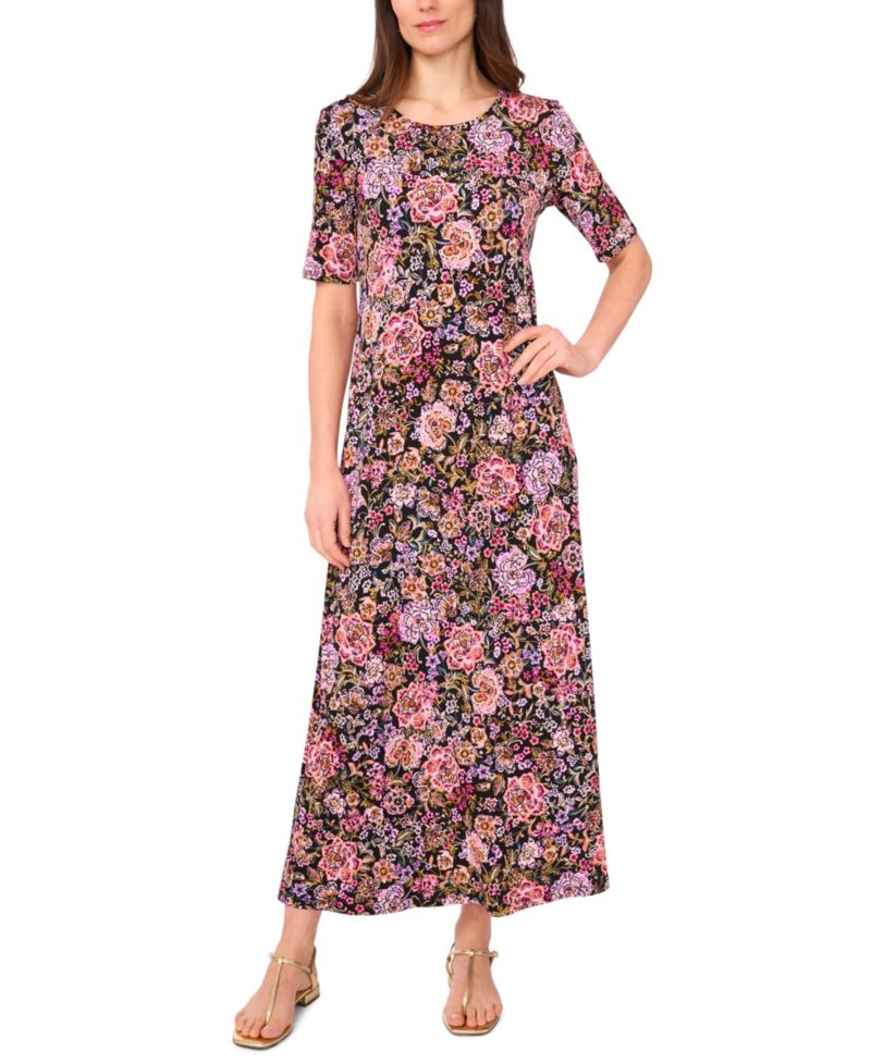Women's Floral Crew Neck Short-Sleeve Maxi Dress