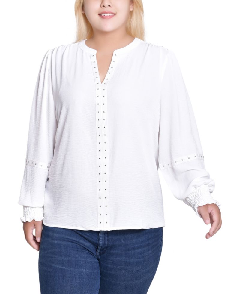 Women's Plus Size Long Sleeve Studded Blouse Top